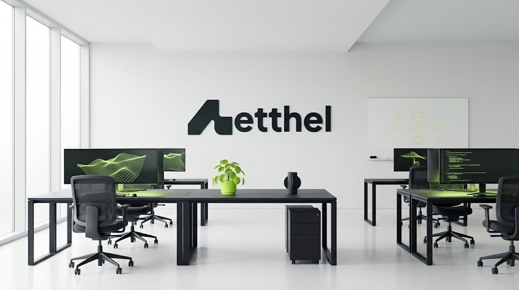 El espacio de trabajo de Aetthel Lab: dos puestos enfrentados con las pantallas encendidas y el logotipo de Aetthel en la pared del fondo.
